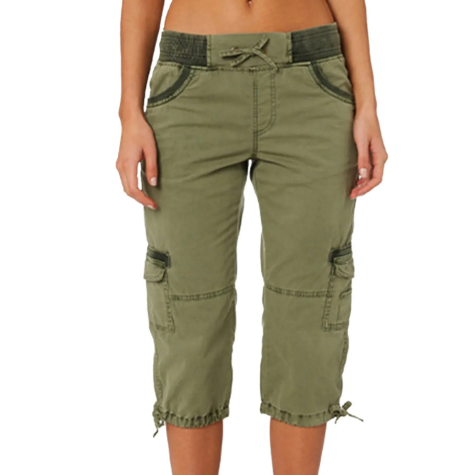 Roll Tab Hem Multi Pocket Capri Mid Waist Cargo Pants