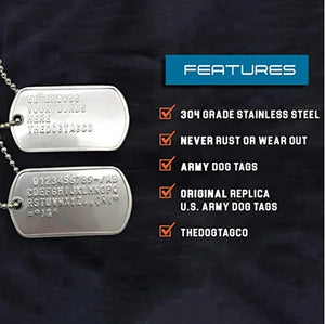 Personalized Military Dog Tag Set (set includes 2 tags, 2 chains, 2 silencers & a bonus P-38)