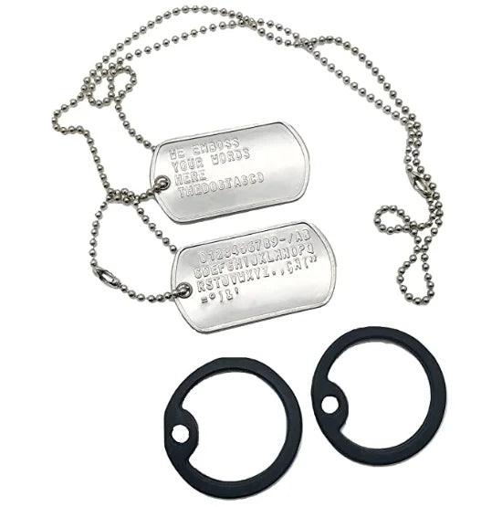 Personalized Military Dog Tag Set (set includes 2 tags, 2 chains, 2 silencers & a bonus P-38)